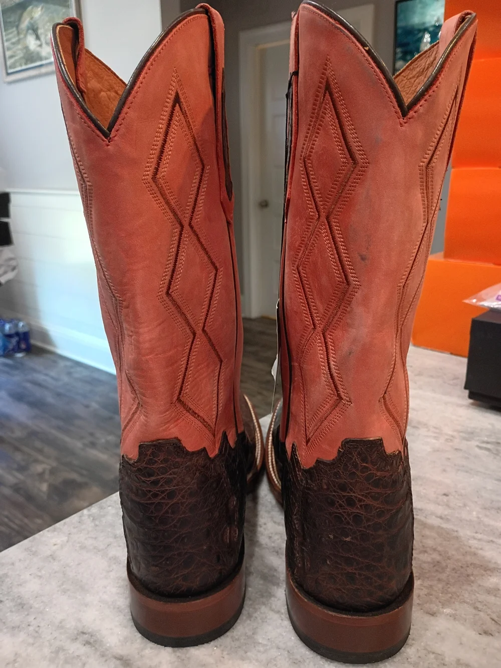 Tony Lama Brown Caiman Leather with Red Shaft Western Boots Size 11 EE Defects